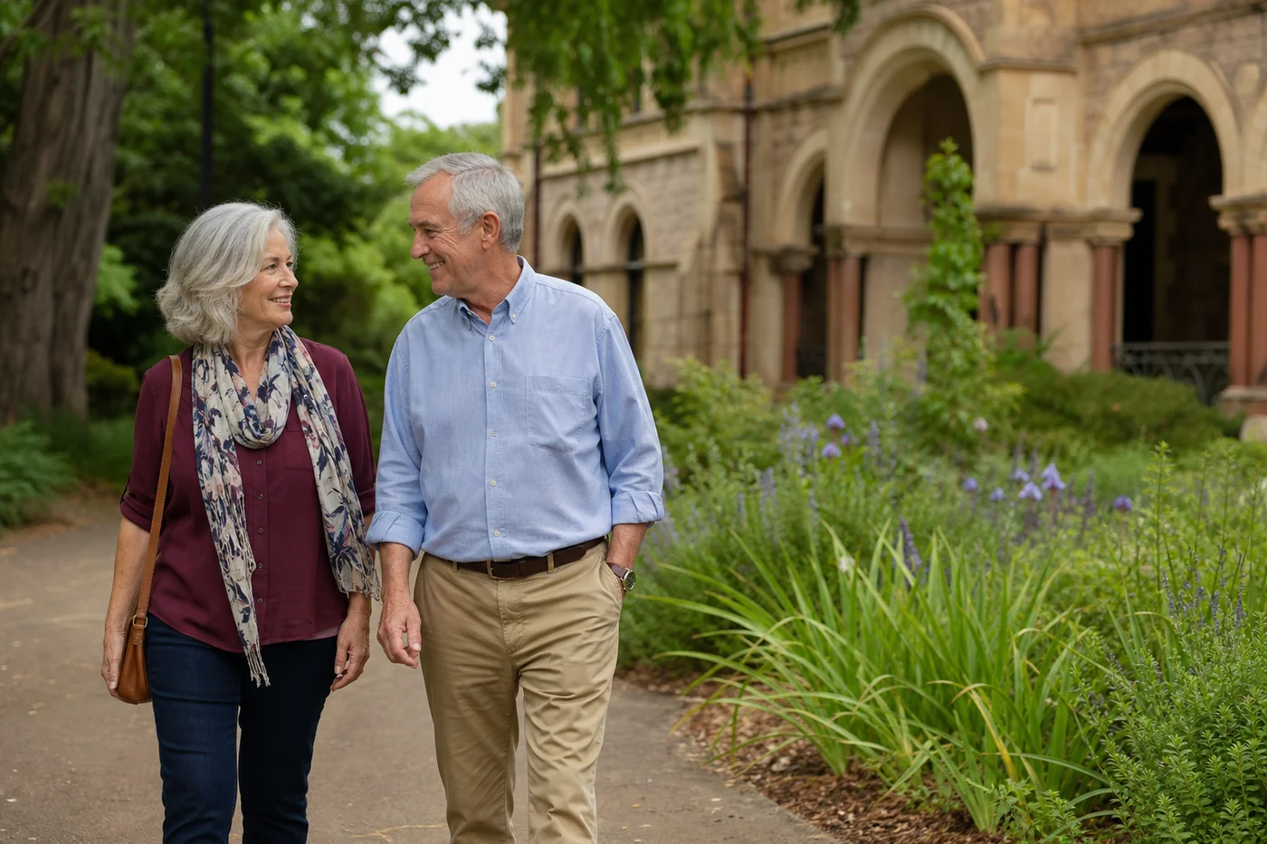 Mature couple enjoying a walk through an Adelaide garden