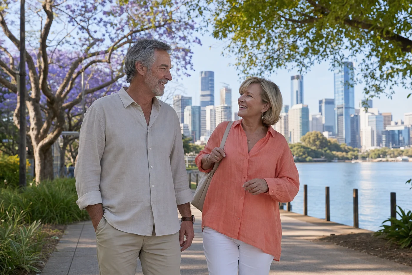 Mature couple walking in a Brisbane riverside park