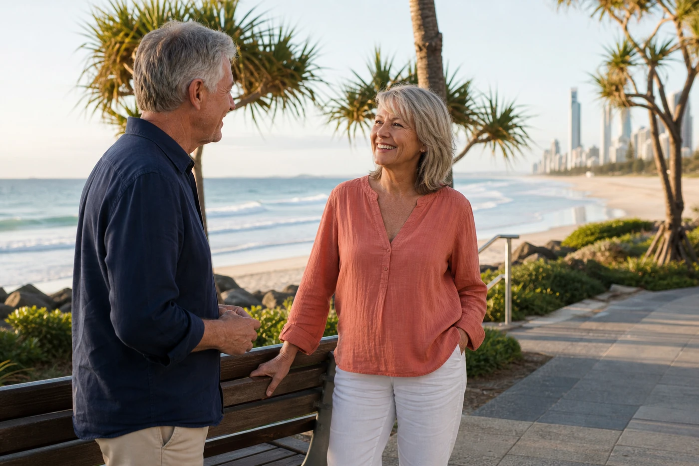 Mature couple walking together on a Gold Coast beach