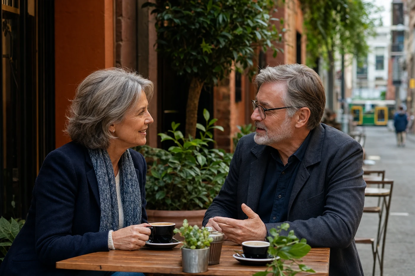 Mature singles talking at a Melbourne laneway café